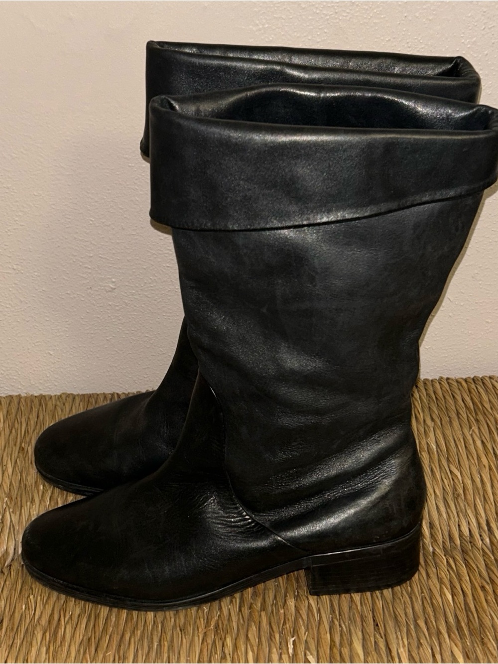 Y2K Black Leather Slouch Boots Shoe Dept Fold Over Cuff Witchy Square Toe - Picture 2 of 6
